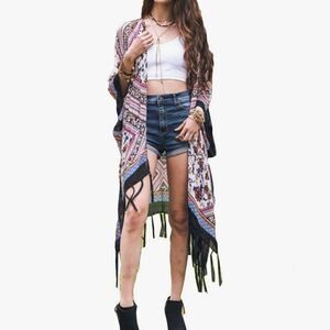 Open Front Bohemian Aztec Diamond Print Tassel Kimono Beach Cover-up Cardigan